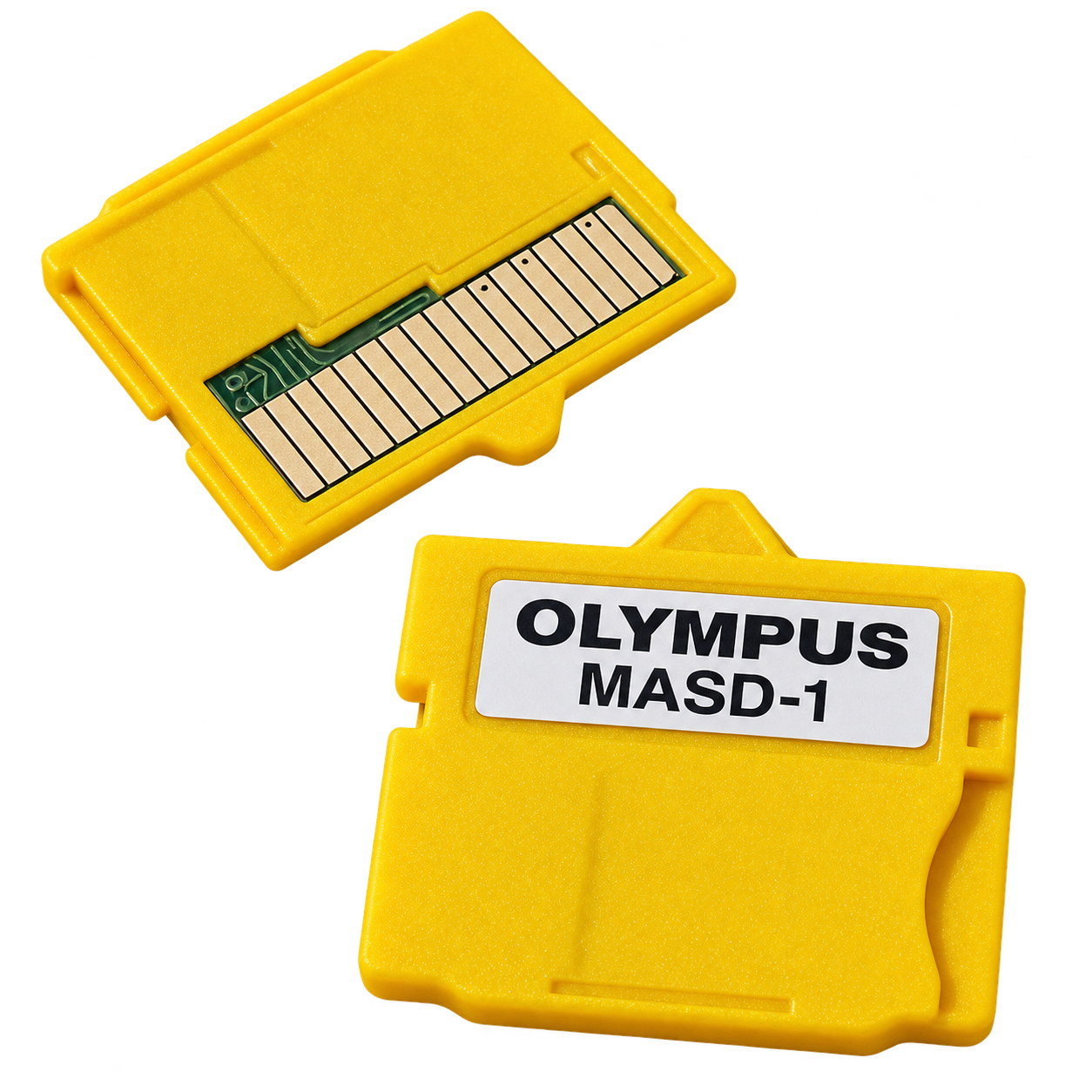 Front and back of one yellow MASD-1-style Olympus microSD adapter; microSD card not included